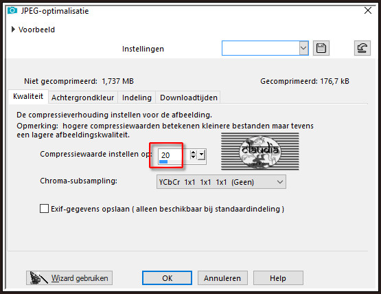 Sla je werkje op als JPG-formaat met een compressiewaarde van 20