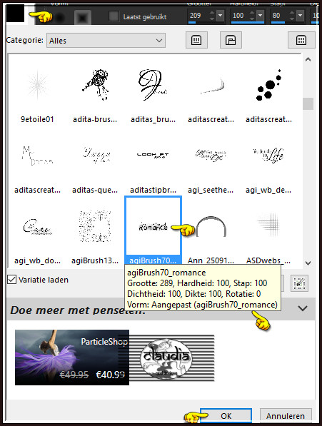 Activeer het "Penseelgereedschap" en zoek de zonet opgeslagen Brushe met deze instellingen 