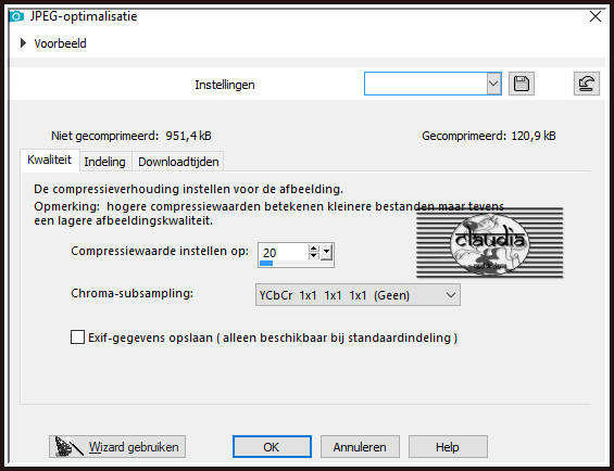 Sla je werkje op als JPG-formaat met een compressiewaarde van 20