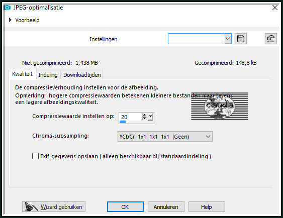 Sla je werkje op als JPEG-formaat met een compressiewaarde van 20