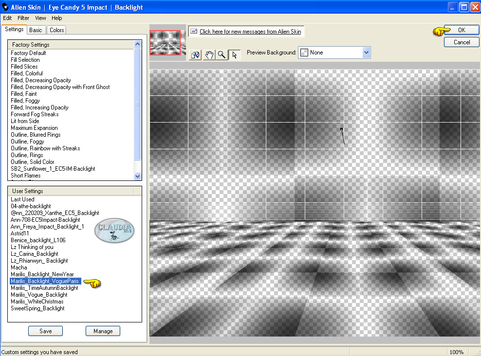 Instellingen filter Eye Candy 5 : Impact - Backlight