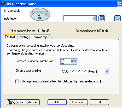 JPEG-optimalisatie met een compressiewaarde van 20