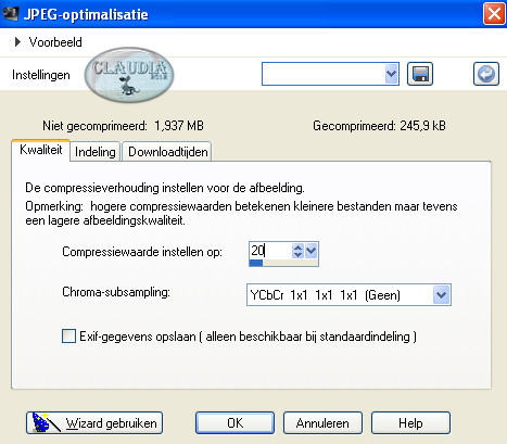 Sla je werkje op als JPG met een compressiewaarde van 20