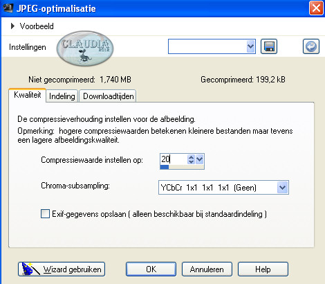 Sla je werkje op als JPG met een compressiewaarde van 20