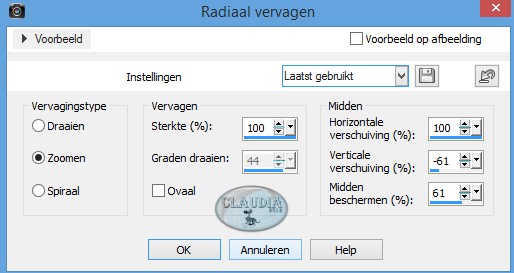 Instellingen Radiaal vervagen