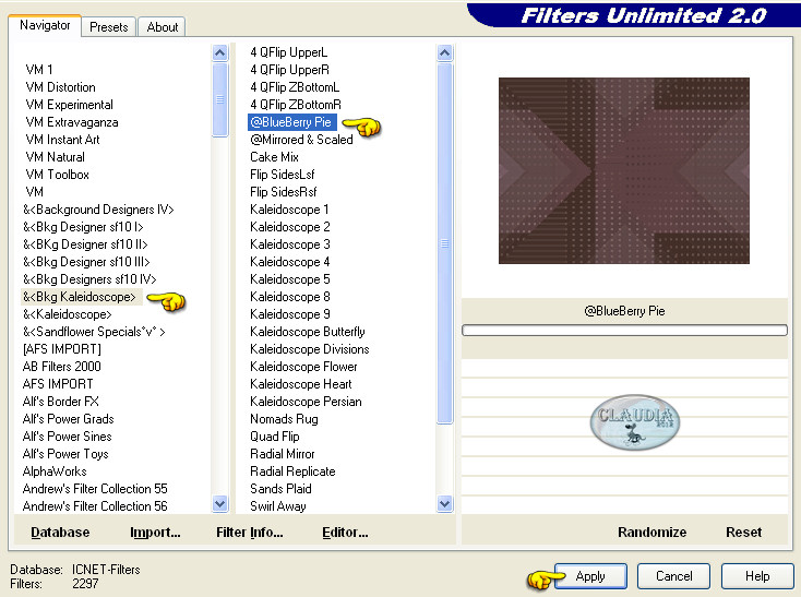 Instellingen filter Filters Unlimited 2.0 - Bkg Kaleidoscope - BlueBerry Pie