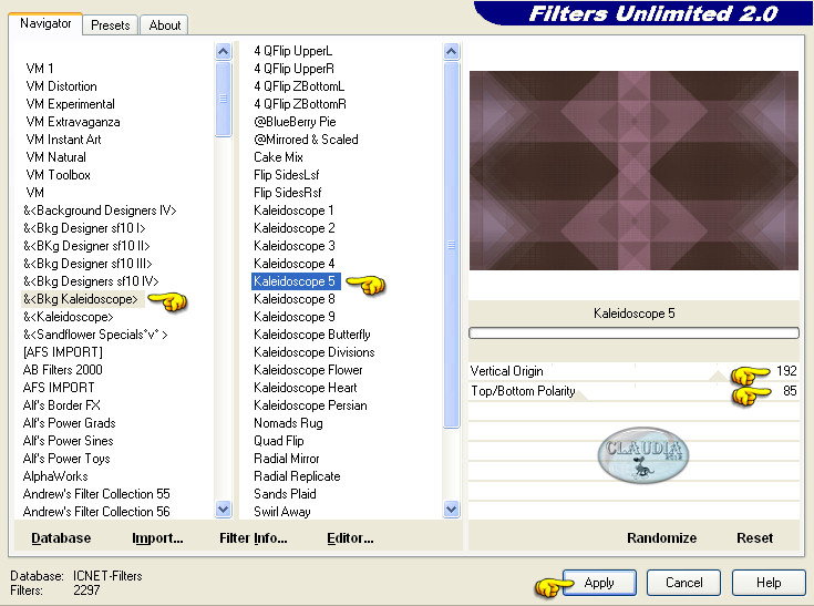 Instellingen filter Filters Unlimited 2.0 - Bkg Kaleidoscope - Kaleidoscope 5