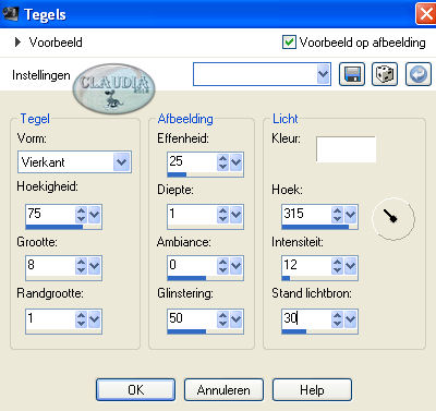 Instellingen Textuureffect - Mozaïekstukjes (in hogere PSP versies heet dit Tegels)