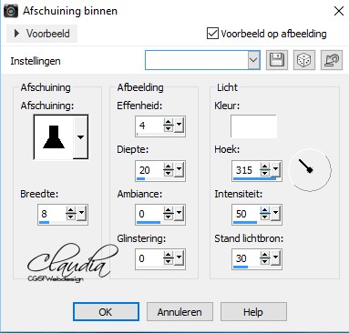 Instellingen 3D Effect - Afschuining binnen