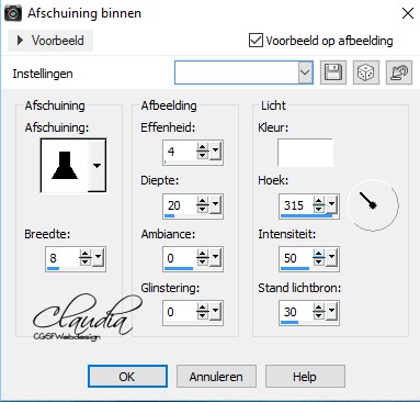 Instellingen 3D Effect - Afschuining binnen