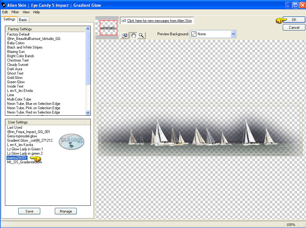 Instellingen filter Eye Candy 5 : Impact - Gradient Glow