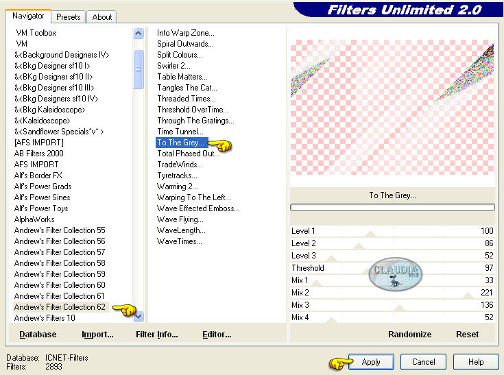 Instellingen filter Filters Unlimited 2.0 - Andrew's Filter Collection 62 - To The Grey