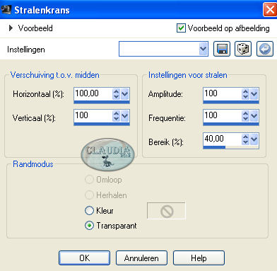 Instellingen Vervormingseffect - Stralenkrans