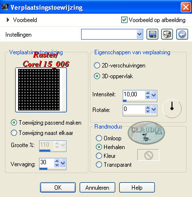 Instellingen Vervormingseffect - Verplaatsingstoewijzing