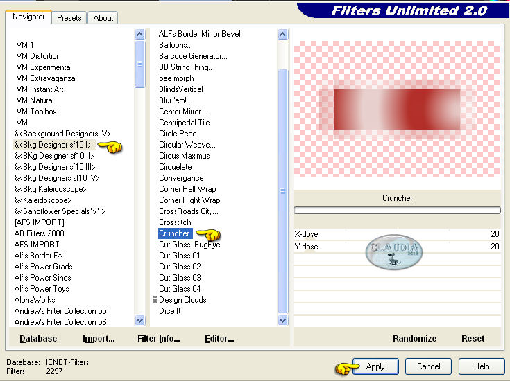 Instellingen filter Filters Unlimited 2.0 - Bkg Designer sf10 I - Cruncher