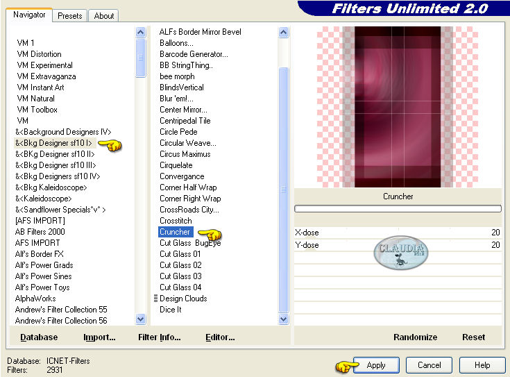 Instellingen filter Filters Unlimited 2.0 - Bkg Designer sf10 I - Cruncher