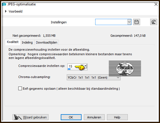 Sla je werkje op als JPG-formaat met een compressiewaarde van 15