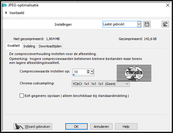 Sla je werkje op als JPG-formaat met een compressiewaarde van 10