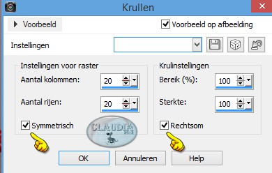 Instellingen Vervormingseffect - Krullen