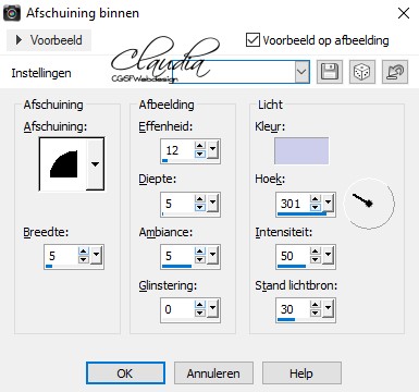 Instellingen Afschuining binnen