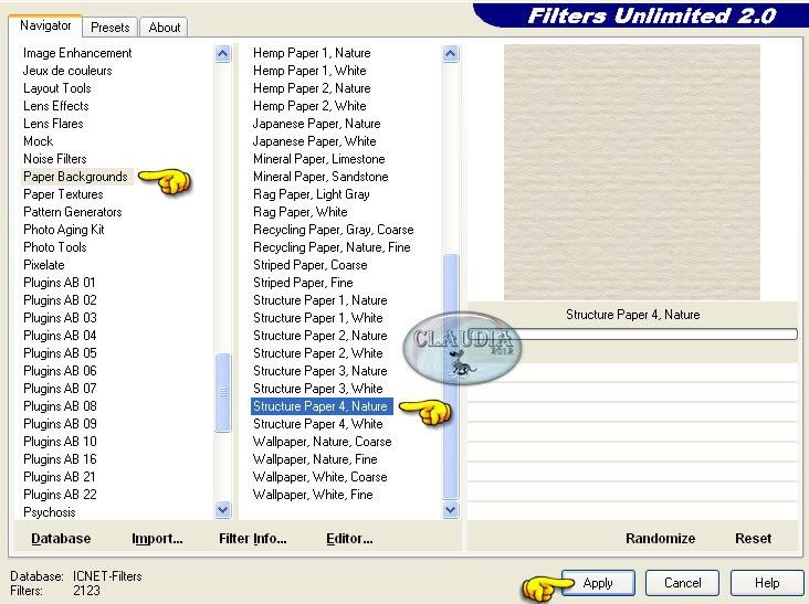 Instellingen filter Filters Unlimited 2.0 - Paper Bacgrounds - Structure Paper 4, Nature