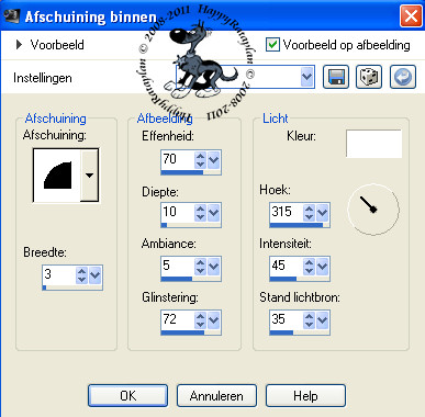 Instellingen afschuining binnen