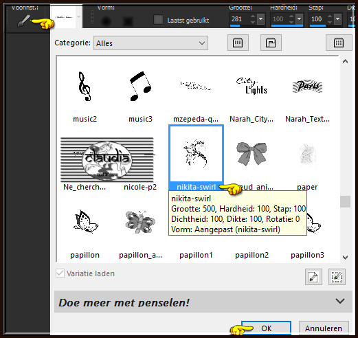 Activeer het "Penseelgereedschap" en zoek de zopas opgeslagen brushe "nikita-swirl" met deze instellingen 