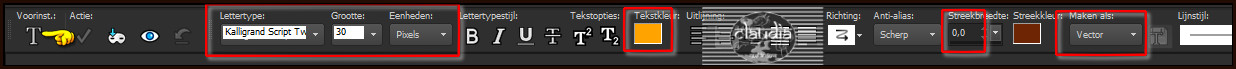 Activeer het "Tekstgereedschap" en zoek het font "KalligrandScriptTwo" met deze instellingen