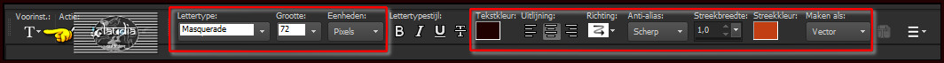 Activeer het Tekstgereedschap en zoek het font "Masquerade" met deze instellingen