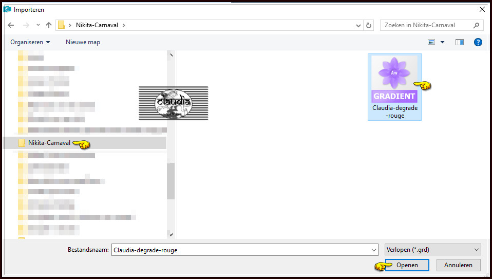 Zoek het Verloop "Claudia-degrade-rouge" in de materialen map, klik het aan en klik daarna op "Openen" 