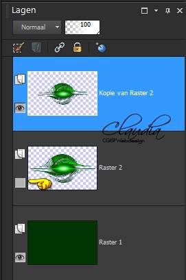 Sluit de middelste laag in het Lagenpallet door op het oogje te klikken (= Raster 2) 