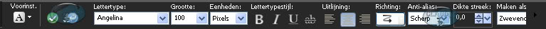 Activeer het Tekstgereedschap en zoek het font Angelina op met deze instellingen