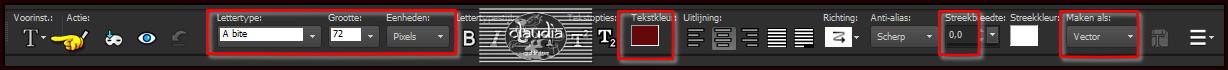 Activeer het Tekstgereedschap en zoek het font "A BITE"met deze instellingen 