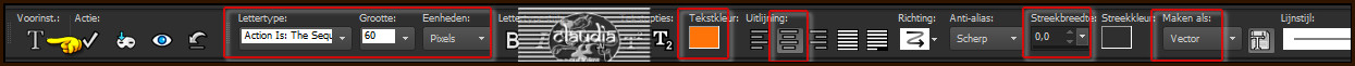 Activeer het "Tekstgereedschap" en zoek het font "Action Is : The Sequel" met deze instellingen