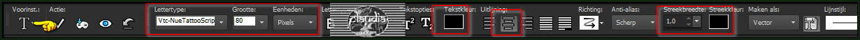Activeer het "Tekstgereedschap" en zoek het font "Vtc-NueTattooScript" met deze instellingen