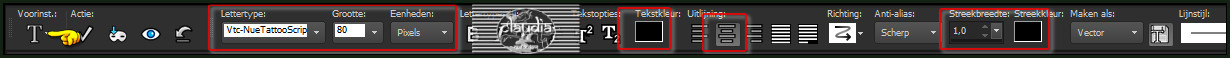Activeer het "Tekstgereedschap" en zoek het font "Vtc-NueTattooScript" met deze instellingen 