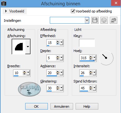 Instellingen 3D Effect - Afschuining binnen