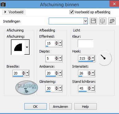 Instellingen 3D Effect - Afschuining binnen