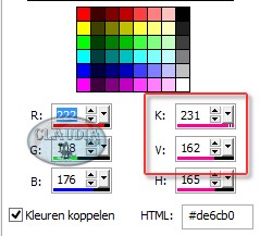 Noteer de getallen van K en V (Kleurtoon en Verzadiging)