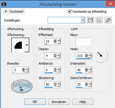 Instellingen 3D Effect - Afschuining binnen