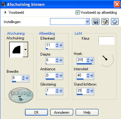 Instellingen 3D Effect - Afschuining binnen