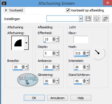 Instellingen 3D Effect - Afschuining binnen