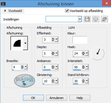 Instellingen 3D Effect - Afschuining binnen