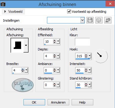 Instellingen 3D Effect - Afschuining binnen