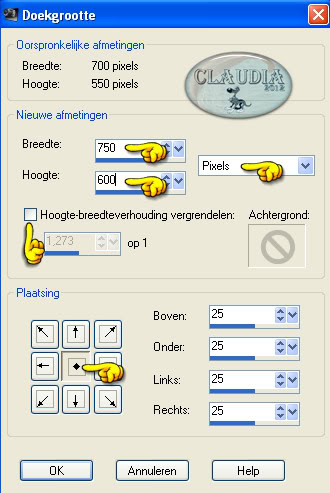 Instellingen doekgrootte