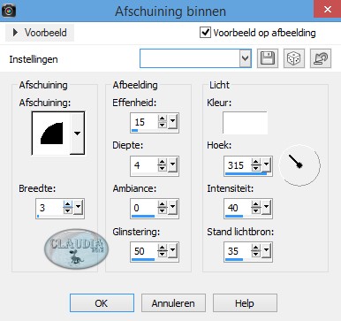 Instellingen 3D Effect - Afschuining binnen