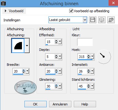 Instellingen 3D Effect - Afschuining binnen