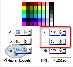 Noteer de getallen bij K en V van de Achtergrondkleur