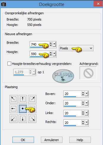 Instellingen Doekgrootte