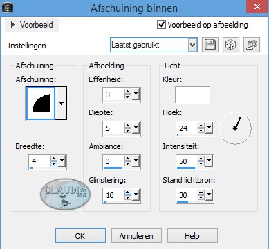 Instellingen 3D Effect - Afschuining binnen 
